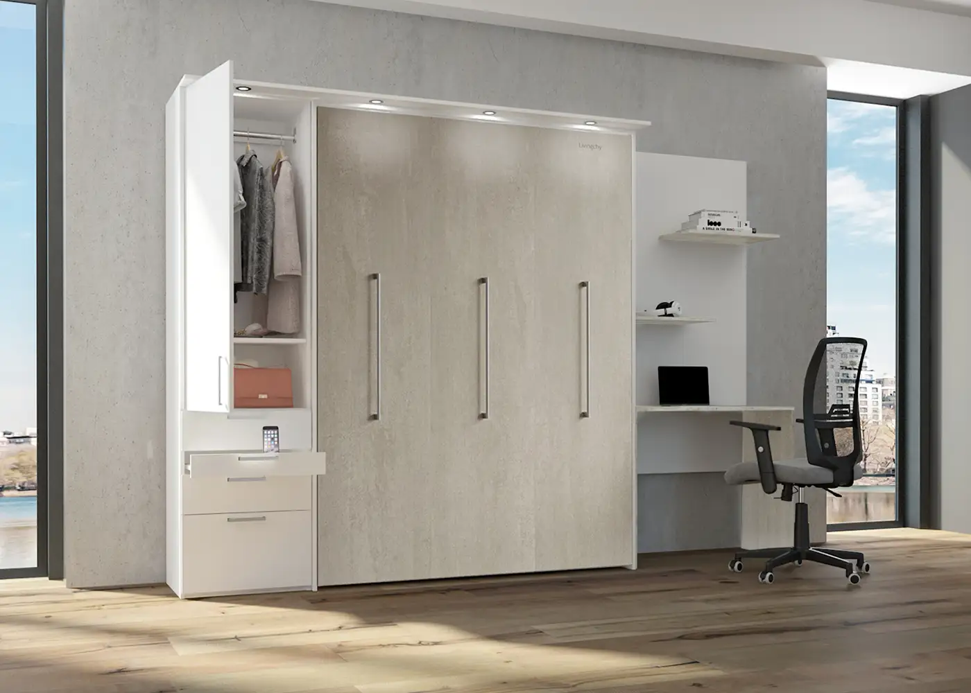 Barcelona Murphy bed with desk, storage and lights | LA PLACE