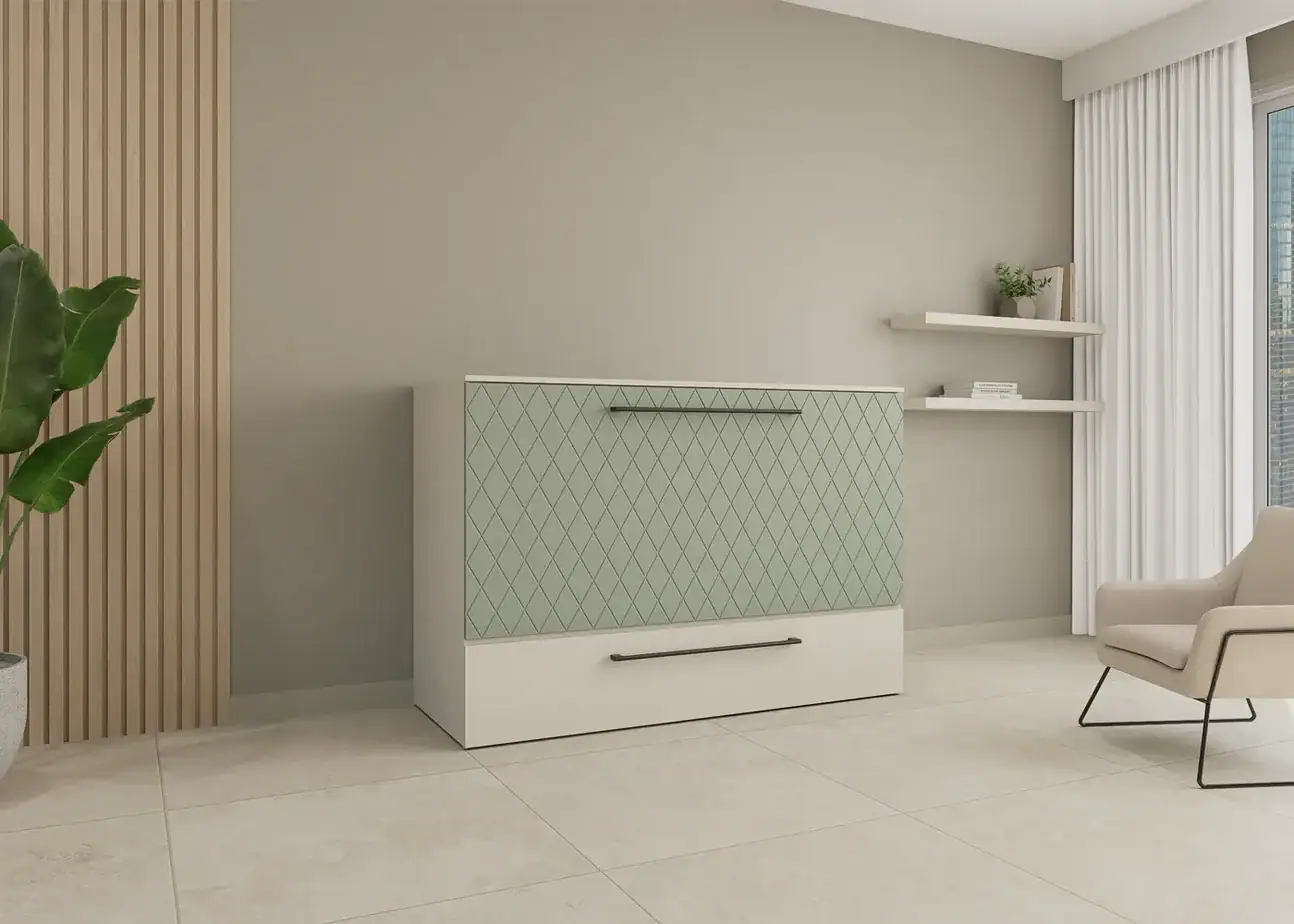 Lit Cabinet autoportant Livingchy Prisma beige et vert roseau mat en thermoplastique avec relief de losange fermé
